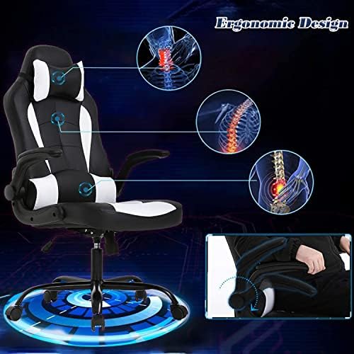 PC Gaming Chair Office Computer Ergonomic Chair PU Leather Adjustable with Flip Up Arms Lumbar Support Headrest E-Sport Racing Desk Swivel Chairs High Back(White)
