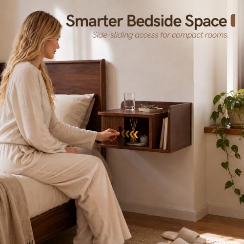 Floating Nightstand Walnut Fluted Bedside Table with Open Shelf (L)