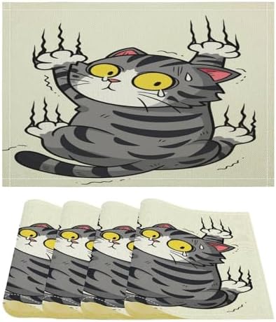 Cute Cat Stretching with Claws Out Linen Placemats Set of 4PCS, Heat Resistant Non-Slip Washable Table Placemats for Dining Everyday Use Hotel Banquet Home Decor
