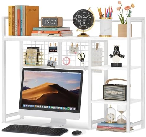 Snughome Desk Shelf, 38.6" Desktop Organizer Shelf, Desk Hutch for Computer Monitor, 4 Tier Desktop Display Rack with Pegboard Hooks Set, Wood Desk Bookshelf for Home Office Dorm, White