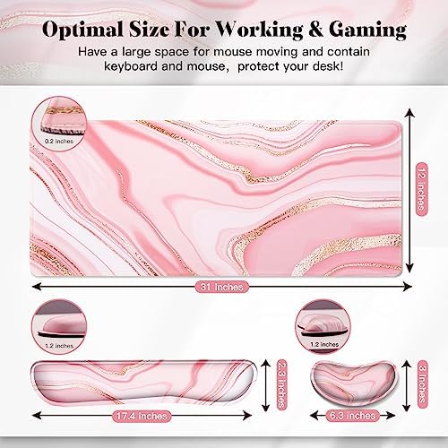 Gimars 4 in 1 Mouse Pad and Keyboard Wrist Rest Set, Large Mouse Pad with Memory Foam Wrist Support Pad for Desk with Coaster, Easy Typing Pain Relief, Gaming Office Home, 31.5x12 inch, Pink Golden
