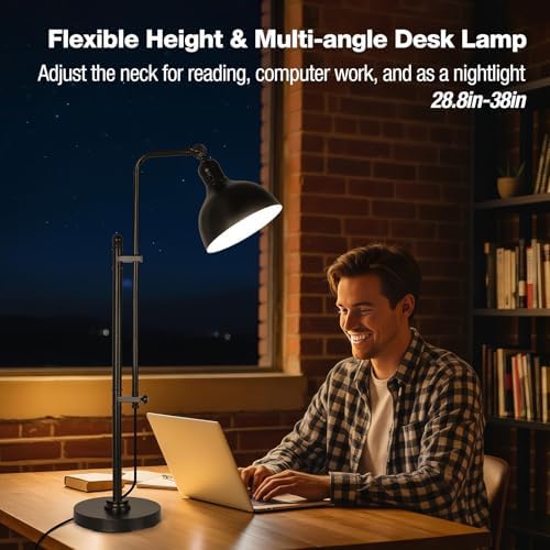 PARTPHONER Industrial Adjustable Desk Lamp for Home Office, Farmhouse Table lamp 29''-38'', Rustic Metal Task Desk Lamp in Aged Bronze Finish, Vintage Reading Lamp for Study Room，Black