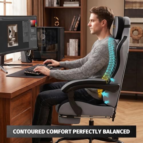 Honeycomb Embossed Gaming Chair with Footrest & Massage Lumbar Support, Adjustable Ergonomic Office Chair for Adults, 300 lbs (Grey Black)