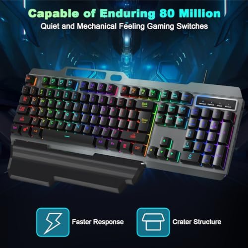 cimetech Wired Gaming Keyboard, Rainbow LED Backlit Anti-ghosting Computer Keyboard with Wrist Rest, Spill-Resistant Design, Multimedia Keys, Quiet Ergonomic Keyboard for Windows Laptop PC Mac
