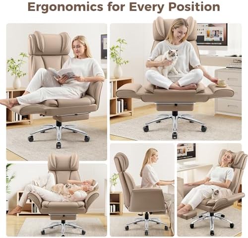 Big and Tall Office Chair, Flip Armrests for Pets & Cross Legged Sitting, Ergonomic Leather Executive Desk Chair with Foot Rest, High-Back Reclining Computer Chairs for Home Office Gaming, Khaki
