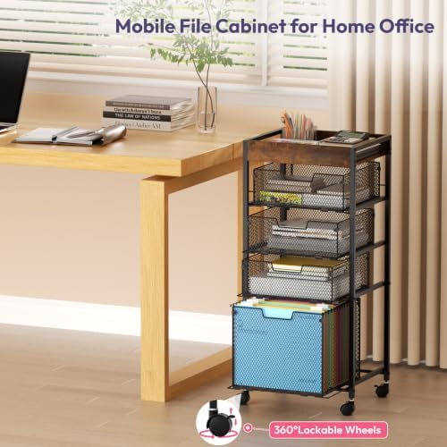 SWTYMIKI Rolling File Cart with Drawers - 5 Tier Art Craft Rolling Organizer Cart - Office Storage &Organization, Mobile Metal File Cabinet for Office and Home Espresso
