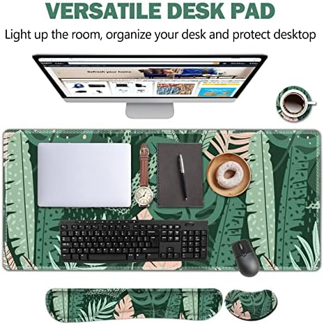 AIMSA Large Gaming Mouse Pad Set, Keyboard Wrist Rest Support Mouse Pad, Ergonomic Memory Foam Multifunctional Extended Desk Mat 35x15.7in Anti-Slip Rubber Base for Office Home, Pink Green Leaves