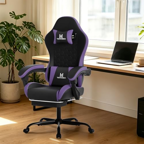 Gaming Chair, Computer Office Chair with Footrest, Adjustable Height & Backrest Gaming Chairs with Swivel for Adults, High Back PU Leather Ergonomic Chair with Lumbar Support, Blackpurple