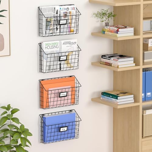 X-cosrack 4-Tier Hanging Wall File Holder Vertical Wall Mount Metal Wall File Organizer with Tag Slot Document Magazine Rack Mail Organizer for Office Home, Black
