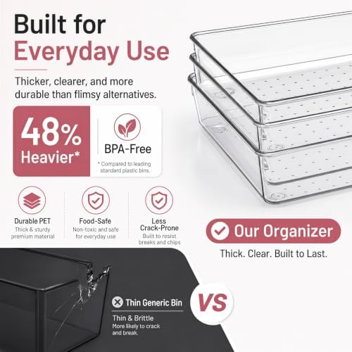 10 Pack Large Clear Drawer Organizer Trays, 3 Sizes, Non-Slip
