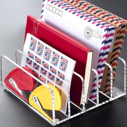 BEYGORM Acrylic Mail Holder, 5 Compartments Multifunction Desk Organizer