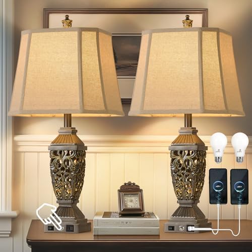 AIDENOEY 27.5“ Farmhouses Table Lamp with USB & USB-C Charging Ports, 3-Color Dimmable & Stepless Bottom Dimming, Touch Control & Switch, Vintage Bedside Lamp for Bedroom Living Room Office,(Brown)