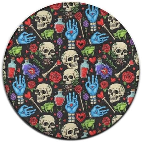 Fashion Round Area Rug Large Non Slip Carpet, Halloween Goth Skull Mushroom Vampire Magic Witch Witchcraft Unisex Home Decor Mat, 60inch