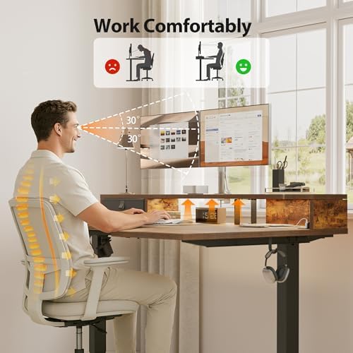 Agilestic 63*35 Inch L Shaped Standing Desk with Shelf & Led& Outlet, Brown