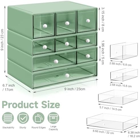 Desk Organizer with 9 Drawers, 4 Tiers Stackable Storage Drawers, Desktop Storage Box with Clear Drawers for Stationery, Makeup, Jewelry, Office and Craft Supplies (Green)