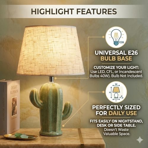 Cactus Lamp, Cute Modern Desk Lamp with Beige Linen Fabric Lampshade & Ceramic Base, Adorable Night Light for Bedroom Nightstand