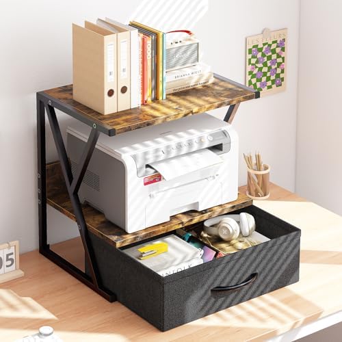 aboxoo Printer Stand for Desk with Storage Drawer, 2 Tier Desktop Or UnderDesk Shelf, Multi-Purpose Desk Organizer for Home Office, fit Fax Machine/3D Printer/Scanner, Rustic Brown