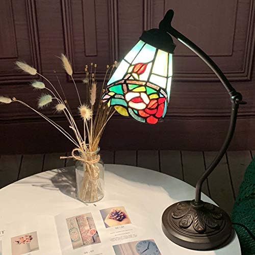 Bieye L10759 Tiffany Style Stained Glass Table Lamp Night Light with Swing Arm Base for Working Reading Home Decoration (Rose Flower)
