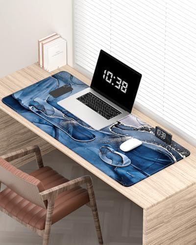 Auhoahsil Large Mouse Pad with Wrist Rests for Keyboard & Mouse, Thick Soft Ergonomic Memory Foam Wrist Supports, Big & Long Desk Mat 35.5 x 15.7 in, for Office Gaming Computer, Ink Navy Marble