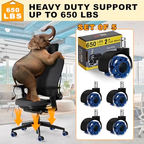 Office Chair Wheels, 2 Inch Smooth & Quiet Rolling Casters Replacement, Computer Gaming Chair Casters for All Hardwood Floors & Carpet, Smooth Safe Rubber Wheels-Set of 5, Blue