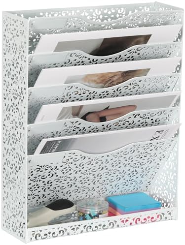 EasyPAG Desk File Organizer Heavy Duty Metal Wall Mount File Holder 5 Tier Mail Paper Folder Holder with Bottom Tray for Office Home Cubicle Countertop, White