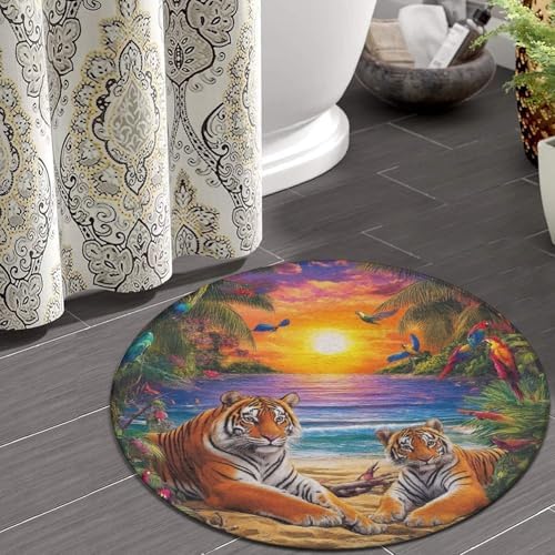Home Decor Non Slip Kitchen Office Circle Rug, Machine Washable Modern Round Area Rug, Room Sofa Yoga Soft Round Carpet Tropical Tiger Animal World King Art, 60inch