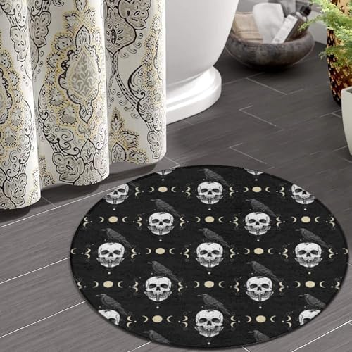 Women's Large Home Decor Mat, Soft Round Yoga Carpet, Non Slip Machine Washable Home Office Circle Rug Black Raven Moon Skull, 60inch