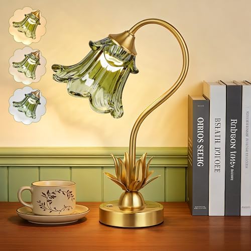 PARTPHONER Cordless Flower Table Lamp with Glass Lampshade, 5200mAh Rechargeable Battery, 3-Color Dimmable Touch Control, Portable Desk Lamp for Nightstand, Patio, Camping, Restaurant & Home, Green