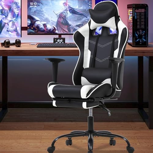 PC Gaming Chair with Footrest, Ergonomic Home Office Chair with Lumbar Support & Headrest Pillow, White