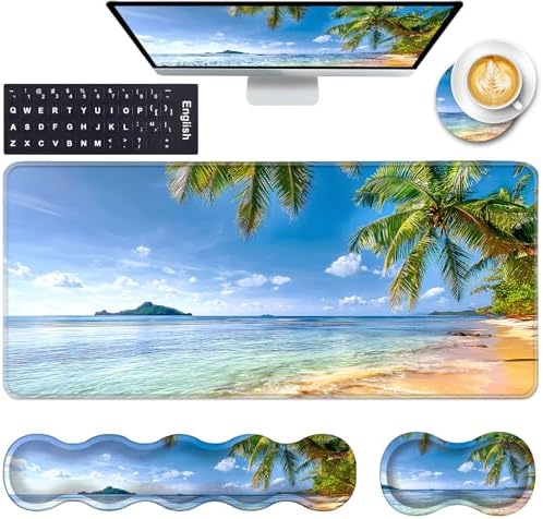 Keyboard Wrist Rest and Mouse Pad with Wrist Support Set Ergonomic Coaster,Memory Foam,Easy Typing Pain Relief,Large XL Desk Mat 31.5"x 11.8",Shore Palms Tropical Beach