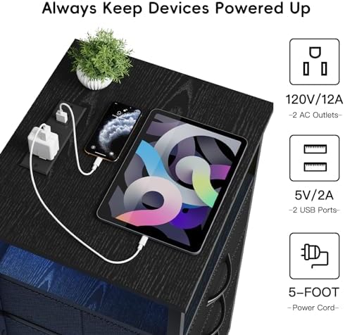 Fixwal Night Stand with 3 Drawers, Black Nightstand with Charging Station