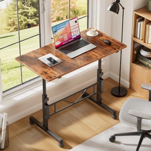 VECELO Small Standing Desk Adjustable Height, Mobile Computer Workstations with Wheels, Portable Rolling Laptop Table for Walking Pad, Home Office, Rustic Brown