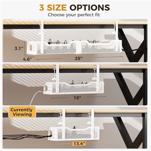 2 Pack Under Desk Cable Management Box White, Cinati 26.8" Wire Organizers No Drill, Cord Organization Tray with Clamp for Office, Home - No Damage to Desk