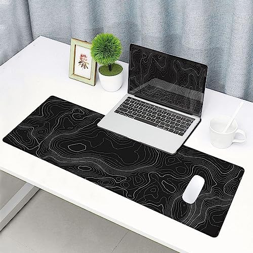 Gaming Mouse Pad, Large Topographic Mouse Pads for Desk, Non-Slip Rubber Base Mousepad, Keyboard Mouse Mat, Desk Pad with Stitched Edges, 31.5x11.8inch, Black Geographic Lines