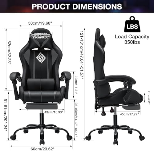 HOFFREE LED Gaming Chair with Massage RGB Lights Computer Game Chair-Grey