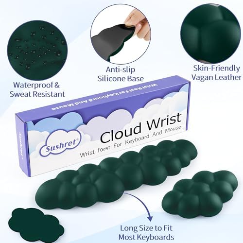 Sushret Cloud Wrist Rest Keyboard, Cloud Keyboard Wrist Pad Set with PU Leather Memory Foam, Cute Arm Rest for Palm Support, PC/Gaming Desk Accessories/Office Setup/Computer Hand Cushion - Dark Green
