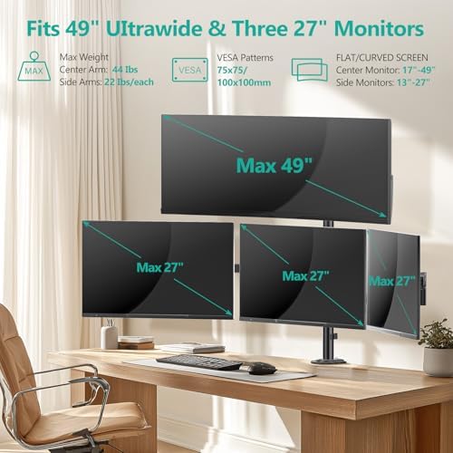 WALI Stacked 4 Monitor Mount for 49" UItrawides and Three 27" Monitors