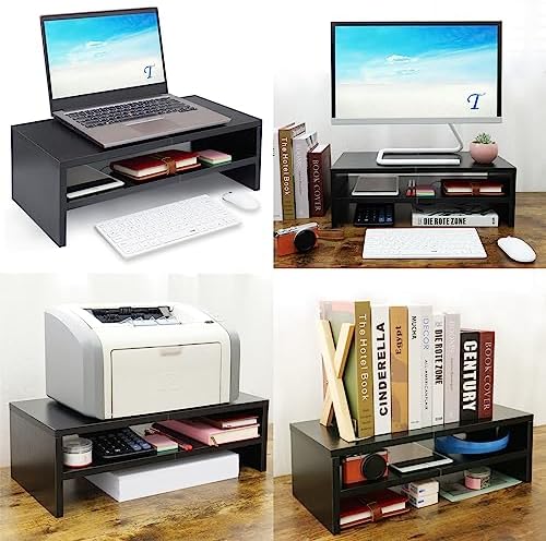 TEAMIX 20 inch Wood Monitor Riser Stand with Keyboard Storage，2 Tiers Black