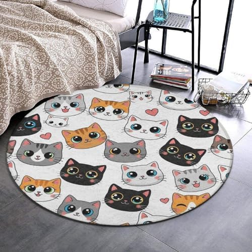 Fashion Round Area Rug Large Non Slip Carpet, Cute Cat Kitten Head Cartoon Cats Unisex Home Decor Mat, 60inch