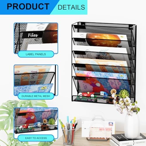 Wall File Organizer Holder Mesh Hanging Paper Document Holder,Vertical 6 Pocket Tier for Office Home, Black