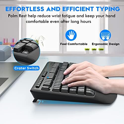 Wireless Keyboard and Mouse Combo, Full Size Ergonomic with Wrist Rest