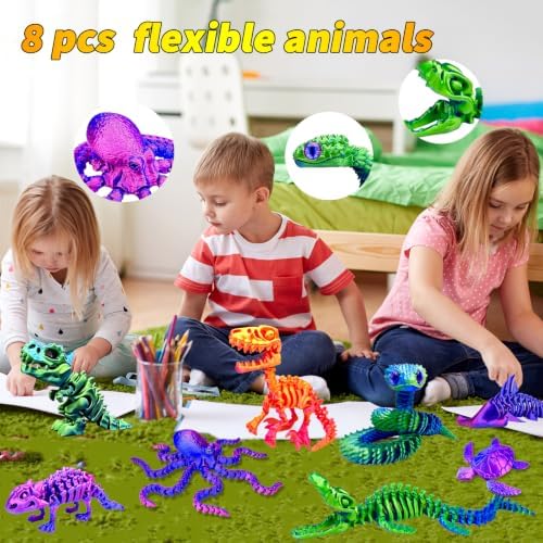 8pcs 3D Printed Dinosaur Skeletons,Octopus,Snake Flexible，Articulated T-Rex Fidget Toys,Large,3D Printed Animals,Desk Toy，Easter Eggs Basket Stuffers,Toys for Boys Kids Teen Girl 4-6 8-12