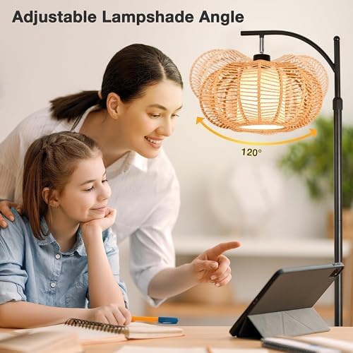 ZECOXOL Arc Floor Lamps for Living Room Bedroom Rattan Boho Floor Lamp with Remote Control,Dimmable Led Standing Lamp Wicker Lamp Shade Rustic Tall Floor Lamp Modern Flower Lamp for Bedroom Corner