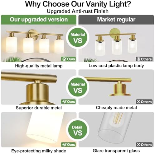 Zarbitta 4-Light Bathroom Light Fixtures, Brushed Gold Modern Vanity Lights with Milky White Frosted Glass Shades, Bathroom Wall Lamp for Mirror Kitchen Living Room