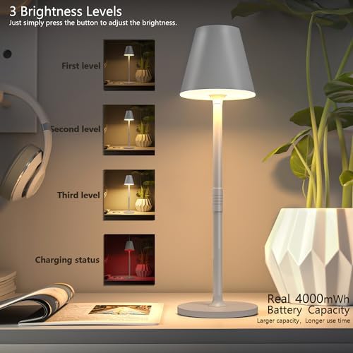 Timjorman 2-Pack Cordless Table Lamps - 5000mAh Rechargeable Battery Operated Desk Lamp, 3-Level Dimmable LED Night Light for Bedroom, Dining, Restaurant - Metal Design (White 2-Pack)