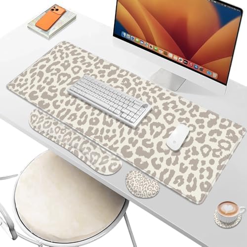 Cheetah Desk Pad and Keyboard Wrist Rest, Large Mouse Pad + Keyboard Pad+Mouse Wrist Support, Non-Slip Desk Mat Protector for Office, Home 31.5×11.8 Inches Leopard