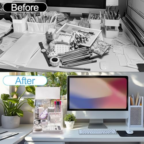 Cididu Acrylic Desk Organizer with 7 Compartments, Clear Desktop Storage with 2 Drawers for Office Supplies, Pen Holder, Stationery Caddy, Makeup Brushes, Transparent Organizer for Home School