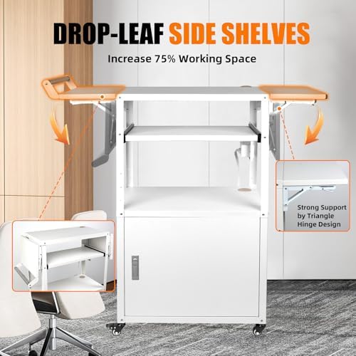 Large Steel AV Cart with Wheels and Drop Leaves, Height Adjustable AV Cart with Locking Cabinet and Power Strips, Rolling Computer Workstation with Pullout Keyboard Tray for Office & Classroom