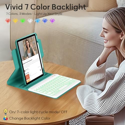 Keyboard Case for iPad Air 11 inch(M3 /M2)/10.9 Inch Air 5th 4th Generation & iPad Pro 11 inch (1st/2nd/3rd/4th Gen), 360° Rotatable Magnetic Case with Pencil Holder, 7 Color Backlit Wireless (Teal)