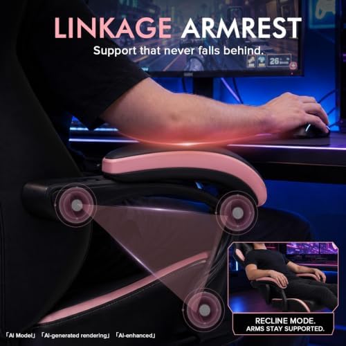 GTPLAYER Gaming Chair with Footrest, High Back Computer Chairs for Adults with Linkage Armrest Lumbar Support Heavy Duty 350lbs Ergonomic Swivel PC Game Chair for Office, Pink